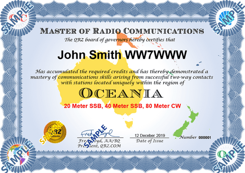 Award Certificate - Master of Radio Communications Oceania